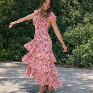 Anthropologie WAYF FLORAL TIERED RUFFLE ROMANTIC FLOWY MAXI DRESS SIZE XS NWT